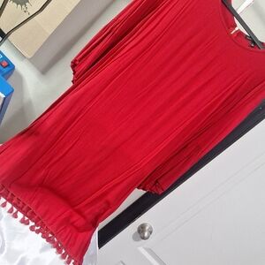 Red and White Dress with Pom Pom Trim